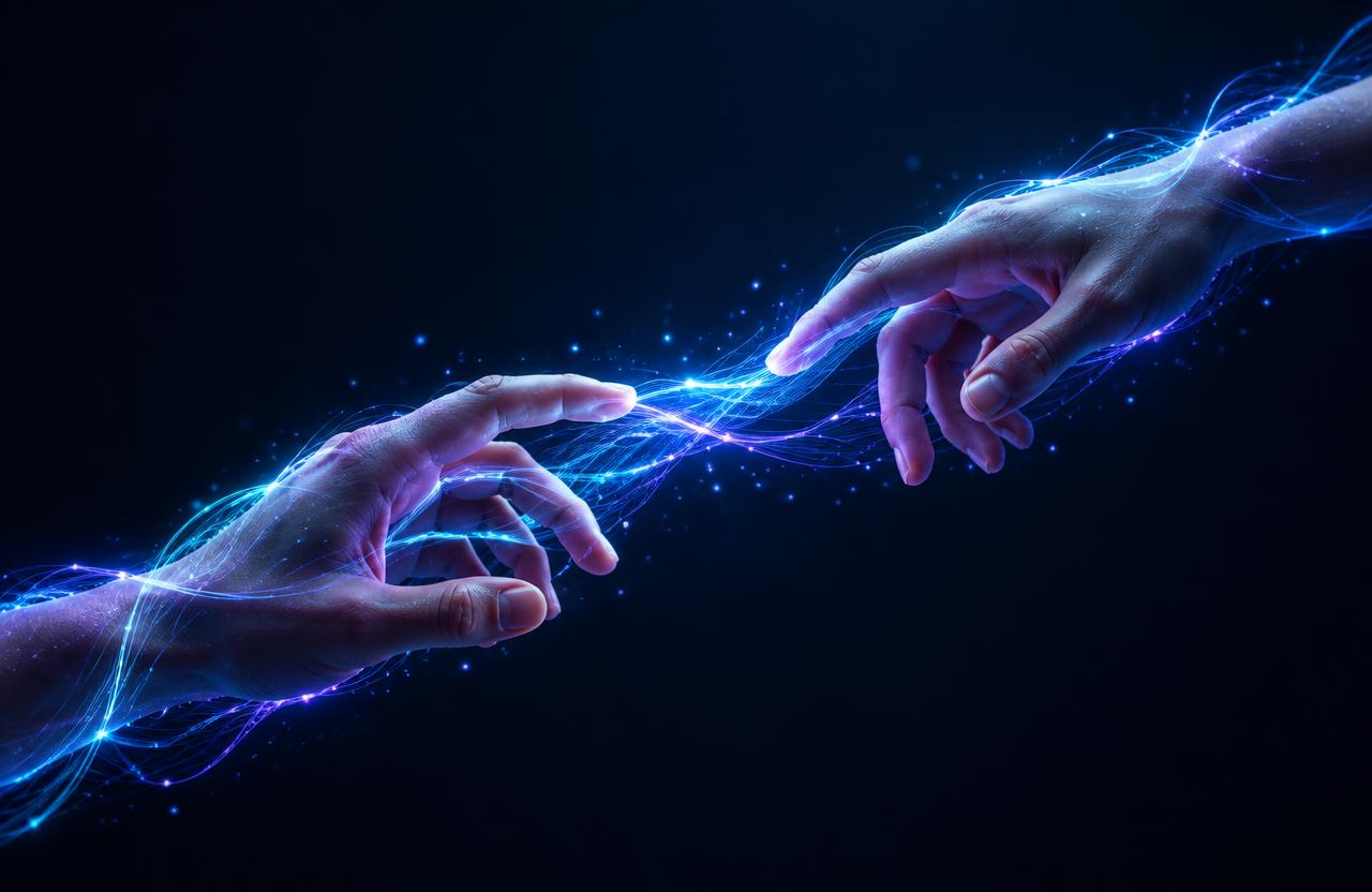Two hands reaching toward each other, connected by glowing light threads, symbolising human relationships powered by thoughtful technology.